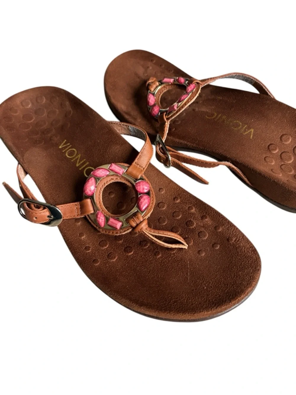 Vionic Ricci Sandals 7 Brown Leather Pink Gem Thong Comfort